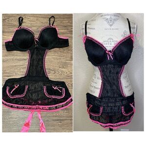 Just sexy Lingerie Ruffled Maids Lingerie Black and Pink Lace Size 2X